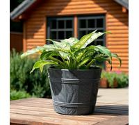 B2C Barrel Planter Flower Pot Wood Effect Plastic Round Indoor Outdoor Garden Tub 4.8L (D22Cm H19Cm) Anthracite