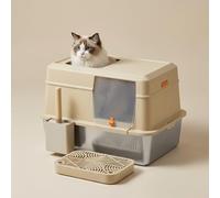 B2C Enclosed Stainless Steel Cat Litter Box, Large, Khaki | High-Sided Hooded Design, Odour Control, 2-Way Entry, Easy Clean Metal Tray, 60x40x40cm