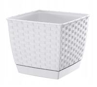B2C Flower Pot Planter Rattola Plastic with matching saucer Square Modern S M L Decor Outdoor Indoor Plant Gardening Patio Rattan Look Plastic (White, 1.5L)
