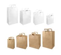B2C Kraft Paper Brown SOS Food Carrier Bags with Handles Party Takeaway ETC Small Medium Large Brown White COMPOSTABLE (Large - 10" x 12" x 5.3", White, 100)
