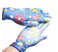 B2C Ladies Gardening Work Gloves Lightweight Stretchy Floral Design Pu-Coated Blue 7 (Small) 2 Pairs