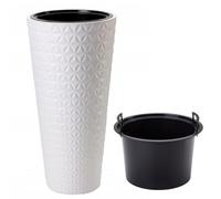 B2C Round Tall Plant Pot Elegant Large Flower Indoor Outdoor Garden Planters 3D Diamond Texture Plastic Lightweight Modern Patio Home Decoration With Insert (White, H58cm x D 29.5cm)