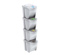 B2C Sortibox Recycling Bins Segregation Waste Set, White, 4 x 25L | Stackable, Lidded, White bin, with Labels Stickers