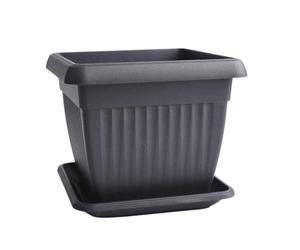 B2C Terra Flower Pot with Matching Saucer Square Classic Terracotta Anthracite Plant Planter with Drain Plate traditional (Anthracite, 15m)