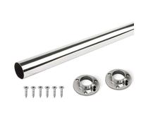 B2C Wardrobe Rail Round Hanging Chrome Gloss Tube 25mm End Supports Screws 3 Lengths Silver (795mm Rail + Brackets)