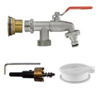 B2C Water Butt Replacement Tap + Drill Bit Brass 3/4" Metal Lever Bib Outlet Barb 3/4" Double Lever Tap (Quick Connector)