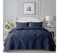 B2EVER Navy Blue Damask Quilt King Size Bedding Sets with 2 Pillow Shams, Boho Bedspread Lightweight Soft Farmhouse Vintage Bohemian Coverlet Retro Jacquard Pattern Bed Cover for All Season, 3 Pieces