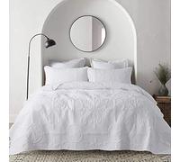 B2EVER White Damask Quilt Queen Size Bedding Sets with 2 Pillow Shams, Boho Bedspread Lightweight Soft Farmhouse Vintage Bohemian Coverlet Retro Jacquard Pattern Bed Cover for All Season, 3 Pieces