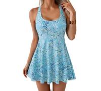 B2prity One Piece Swimdress Swimsuits for Women Tummy Control Swim Dress Cute Modest Skirt Bathing Suit, Teal Floral, S