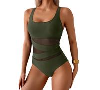 B2prity Women's Mesh One Piece Swimsuit Tummy Control Sexy Bathing Suit Push Up Swim Suit Slimming Swimwear, Army Green Black, XL