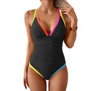 B2prity Women's One Piece Swimsuit Tummy Control Slimming Bathing Suit V Neck Neon Color Block Tie Back Swimwear, Black, Orange Pink Seams, Large