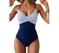 B2prity Women's One Piece Swimsuits Tummy Control Front Cross Bathing Suits Tie Back Slimming V Neck Swimwear, Navy Blue Stripe, Large