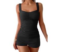 B2prity Women's Tankini Swimsuit Tummy Control Ruched Two Piece Bathing Suit Push Up Modest Swim Suits with Shorts, Black, Large