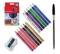 B2S Half Colouring Pencils For Kids, Pack of 12, Coloured Pencils With Sharpener Pack, My first Colouring Pencils for Children, Softer Leads, Pre-Sharpened, School Home, ZOFAX Black Ball Pen