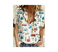 (B48SLCZ81162721, L) New Fashionable Women's Shirts Elegant 3d Cartoon Cat Printed Cute Single Breasted Tops Women's Casual Lapel Shirts Summer