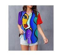 (B48SLCZ8116275, L) New Fashionable Women's Shirts Elegant 3d Cartoon Cat Printed Cute Single Breasted Tops Women's Casual Lapel Shirts Summer