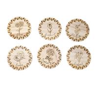 B4E British Flowers Set Of 6 Wooden Coasters Laser Engraved Floral Drinks Mats Natural Rustic Wood Coaster Set Featuring Spring