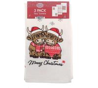 B4E Christmas Highland Cow Tea Towels 100% Cotton Velour Kitchen Towels, Festive Holiday Design, 3 Pack