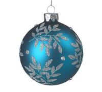 B4E Cobalt Blue Glass Christmas Tree Bauble With Silver Leaf Decoration | 8x8x8cm Hand-blown Xmas Blue Coloured Glass Bauble For Party Festival Decoration | Fit For Holiday Table Centerpiece