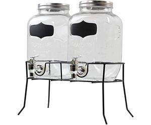 B4E Double 4L Vintage Glass Drinks Dispenser with Taps and Metal Stand | Perfect for Parties/Weddings/Birthdays/Holidays/Reunions/Mitzvahs | Orange Juice Dispenser, Tea and Lemonade Dispenser