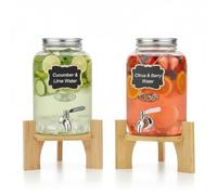 B4E Glass Beverage Dispensers Set, 4L Capacity, Ribbed Design with Bamboo Stands, Stainless Steel Taps, Chalkboard Labels, 2-Pack