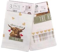 B4E Highland Cow Tea Towels 3 Pack, 100% Cotton Velour Kitchen Towels, Absorbent Dish Towels, Home Is Where The Herd Is Design