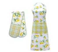 B4E Lemons Design Apron and Oven Gloves Set - 100% Cotton Kitchen Apron & Heat Resistant Mitts - Cute Lemon Print Cooking Accessories for Women & Men - Gift for Bakers & Home Chefs