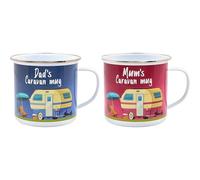 B4E Mum and Dad Caravan Tin Mug Set of 2 - Retro Camping Enamel Style Mugs for Travel, Caravanning & Outdoor Adventures