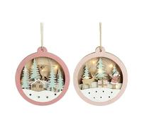 B4E Set Of 2 Pink Wooden Light Up Christmas Baubles With a Pop Of Solver Glitter | 12x13x2.4cm Pink Wooden Light Up Christmas Baubles For Xmas Tree Decorations/Festive Events/Hanging Decorations