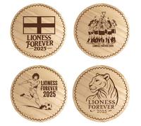 B4E Set of 4 Wooden Coasters - Laser Engraved Designs - England Football Theme - Rustic Round Drink Mats - Natural Wood - Gift for Sports Fans