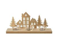 B4E T-Light House Scene Christmas Decoration | 7L x 11.5W x 27H cm White Colour Tealight Handmade House Scene Christmas Decoration With 5 Tealight Holders/3 Slotted Wooden Board/Yellow Light