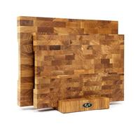 B4K Set of 2 Oak End Wood Chopping Block with Stand, Handles and Silicone Feet, Antibacterial End Grain Kitchen Board