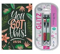 B5 Academic Diary 2025-2026 Week to View Mid-Year Planner with 2 Pens - Casebound Student Teacher Diary with Notes Exams Deadlines - Blue & Black Ink Pen Set - Leaves Design