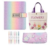 B6 Diary with Lock Set - Rainbow Journal with Lock for Girls 240 Pages,Combination Passwords,6 Dual-Ended Highlighters,Pencil Case & Purple Tulip Bag,Gift for Birthdays,Holidays or Special Occasion