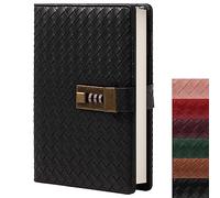 B6 Leather Journal Notebook with Combination Lock, Travel Refillable Ruled Lined Writing Paper, Secret Password Gift Diary for Women Girls Boys (Black)