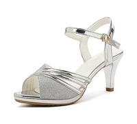 BAADCUP Women's Glitter Open Toe Pumps Heels Sling Pumps Buckle Block Heel Sandals Kitten Heel 6 cm Casual Office Shoes Dress Shoes, Silvery, 4 UK