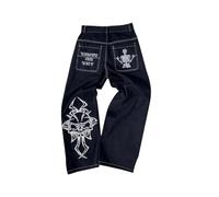 BAAFCL Men's Vintage Hip Hop Style Baggy Jeans Denim Loose Fit Dance Skateboard Pants Y2K Comfortable Hardwearing Skull Embroidery Cotton Straight Leg Jeans(C,L)