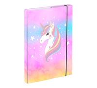 Baagl File Box for School Bag A4 Portfolio Folder for Children with Elastic Strap and Inner Flaps Book Folder, Collector's Box with Elastic Strap for Girls (Rainbow Unicorn),32x23cm