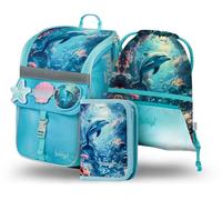 Baagl School Backpack for Boys and Girls, Set of 3, Primary School Backpack with Chest Belt, Ergonomic School Backpack, Dolphin, 28x37x17 cm
