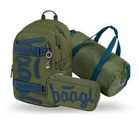 Baagl School Backpack Set Boys 3 Pieces (Skateboard Backpack, Pencil Case, Sports Bag), School Bag from 3rd Grade, Primary School Satchel with Chest Strap, Ergonomic School Bag, 25 L, olive