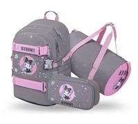 Baagl School Backpack Set Boys 3 Pieces (Skateboard Backpack, Pencil Case, Sports Bag), School Bag from 3rd Grade, Primary School Satchel with Chest Strap, Ergonomic School Bag, 25 L, Kuromi Grey