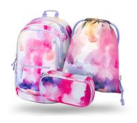 Baagl School Bag Set 3 Pieces, Primary School Satchel with Chest Strap, Ergonomic School Bag, Painting.