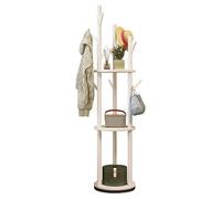 Baannaww 360° Rotating Coat Stand with Shelf - Freestanding Clothes Rack 165 cm Made of Solid Wood - Sturdy Standing Coat Rack with Hooks & Shelf - For Hallway, Bedroom, Office (White)