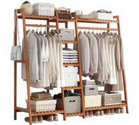 Baannaww Bamboo Clothes Rail, Freestanding Coat Stand with Top Shelf, Garment Rack ith Shelves Clothing Hanging Rail, Open Clothing Hanger Storage Organiser for Bedroom Hallway Entryway