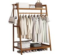 Baannaww Bamboo Clothes Rail Stand, Freestanding Coat Garment Rack with Hanging Rod, Trapezoid Structure, Open Wardrobe Clothing Hanger Storage Organiser for Bedroom Hallway