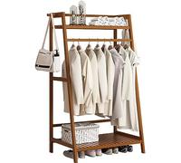 Baannaww Bamboo Clothes Rail Stand, Freestanding Coat Garment Rack with Hanging Rod, Trapezoid Structure, Open Wardrobe Clothing Hanger Storage Organiser for Bedroom Hallway