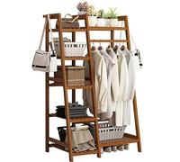 Baannaww Bamboo Clothes Rail Stand, Freestanding Coat Garment Rack with Hanging Rod, Trapezoid Structure, Open Wardrobe Clothing Hanger Storage Organiser for Bedroom Hallway