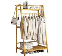 Baannaww Bamboo Clothes Rail Stand, Freestanding Coat Garment Rack with Hanging Rod, Trapezoid Structure, Open Wardrobe Clothing Hanger Storage Organiser for Bedroom Hallway