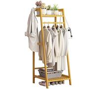 Baannaww Bamboo Clothes Rail Stand, Freestanding Coat Garment Rack with Hanging Rod, Trapezoid Structure, Open Wardrobe Clothing Hanger Storage Organiser for Bedroom Hallway
