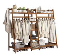 Baannaww Bamboo Clothes Rail Stand, Freestanding Coat Garment Rack with Hanging Rod, Trapezoid Structure, Open Wardrobe Clothing Hanger Storage Organiser for Bedroom Hallway